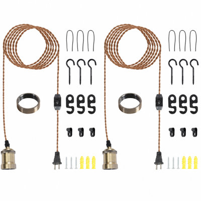 Ensemble de 2 luminaires suspendus enfichables, cordon torsadé tressé 19,68 pi avec gradateur en ligne, douille en laiton antique E26, quincaillerie de fixation complète, ampoules non incluses