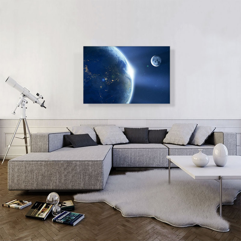 Planète Terre et Lune dans le système solaire - reproduction de photo sur toile tendue, H 26 po x l 40 po x P 0,75 po