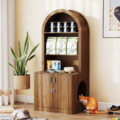 Cat Litter Box Enclosure with Storage, Arched Hidden Cat Litter Box Cabinet with Shelves and 2 Doors