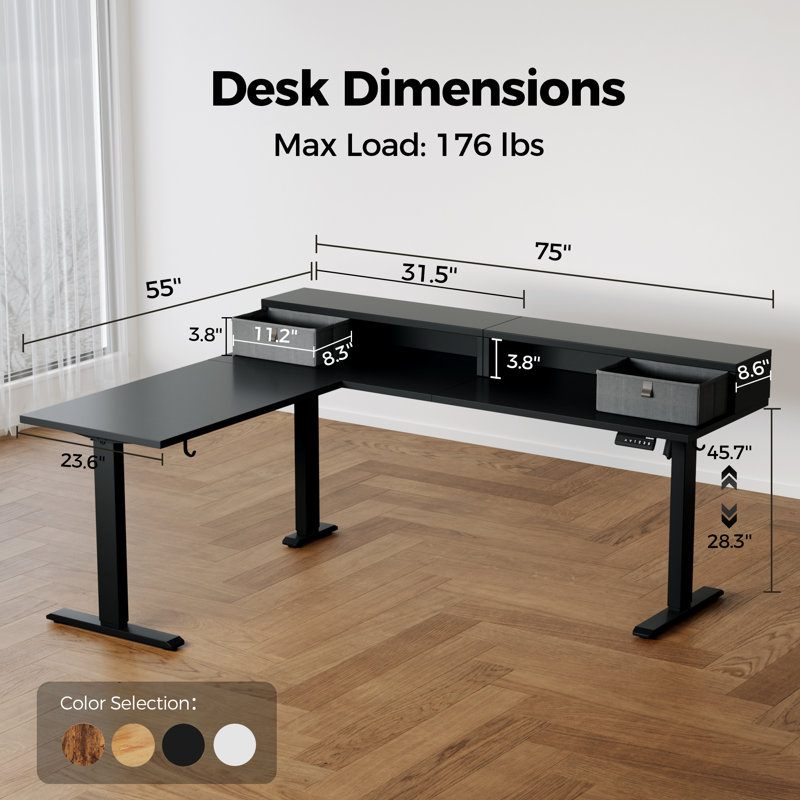Bureau debout électrique en forme de L de 75 po avec 2 tiroirs, bureau ergonomique à hauteur réglable en coin, table d'ordinateur avec rangement pour la maison et le bureau