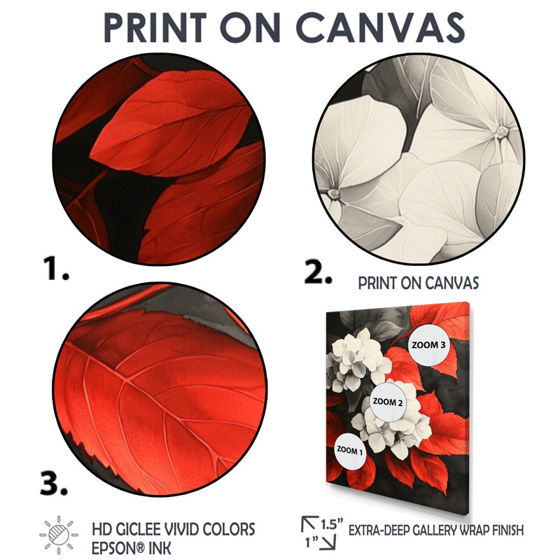 Hortensias monochromes avec feuilles rouges III - art mural d'hortensias pour le salon, 60" H x 28" W, Brown