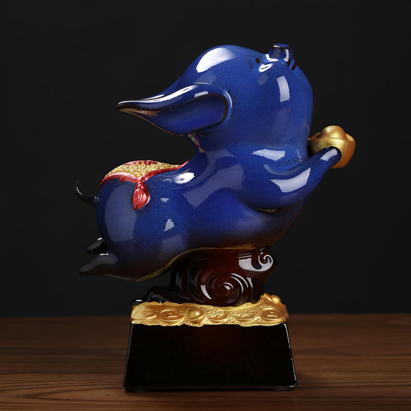 Statue de cochon en céramique Fortune, Bleu, H 10,03 po x l 7,07 po x P 5,7 po