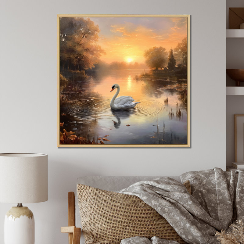 Cygne blanc, coucher de soleil romantique I, 30" H x 30" W, Gold Picture Framed