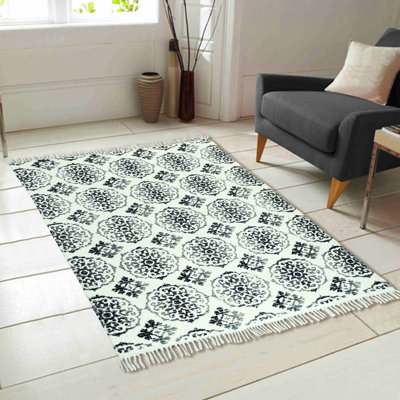 Tapis de zone grise 5 x 7 po "rétro" imprimé à la main noué la Bernhardt