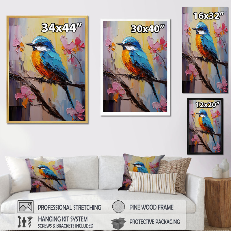 Bluebird Serenade, peinture - art mural oiseau, H 40 po x l 30 po x P 1,5 po, Cadre flottant blanc