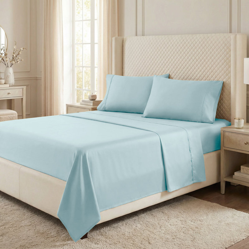 Edmont 530 Thread Count Egyptian Cotton Blend Solid Deep Pocket Bed Sheet Set, Queen, Light Blue