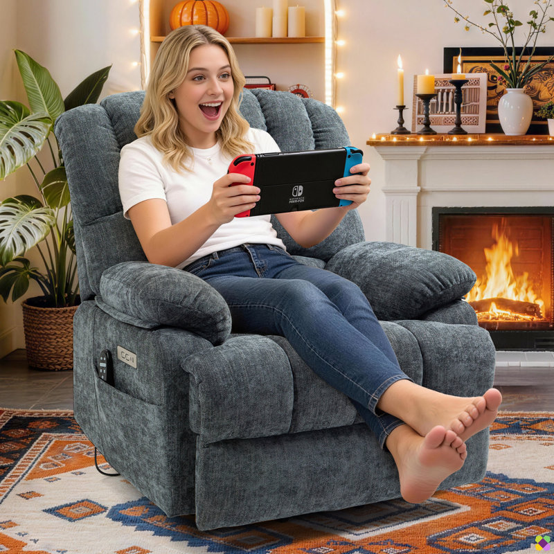Brisen 40" W Oversize Chenille Power Lift Up Heated Massage Recliner, Remote, USB Type-C Port, Gray Chenille