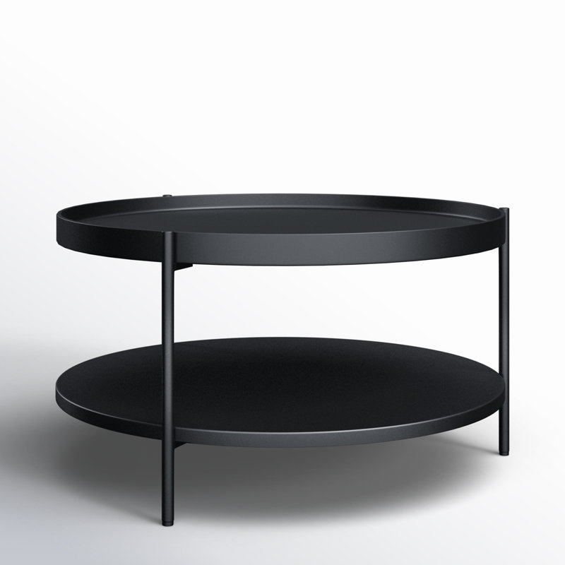 Walnut Round Solid Wood Coffee Table with Metal Legs and Storage