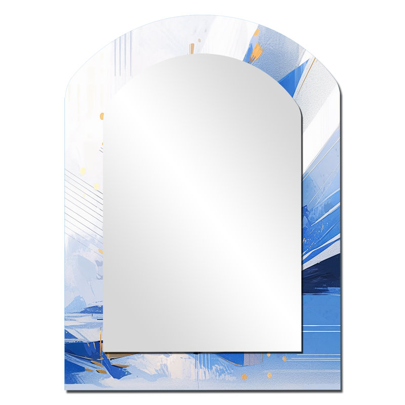 Blue White Cubist Kaleidoscope II - Cubism Asymmetrical Decorative Mirror, Blue Arch Wall Mirror, Printed Metal Art