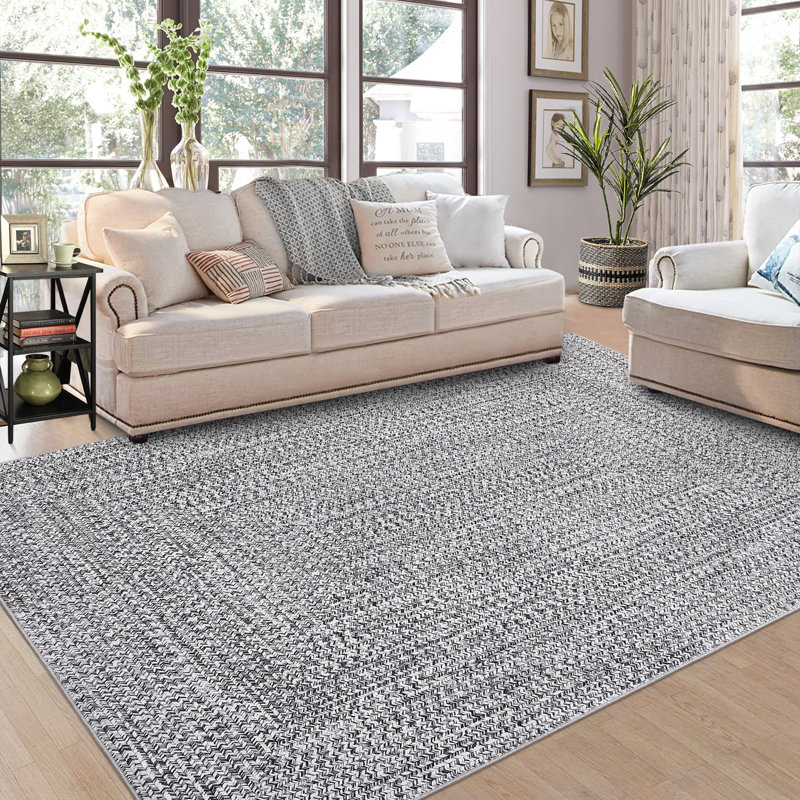 Braided Printed Texture Machine Washable Rug with Rubber Backing for Living Room Non-Slip Dining Room Rug Easy-Cleaning Floor Carpet for Bedroom