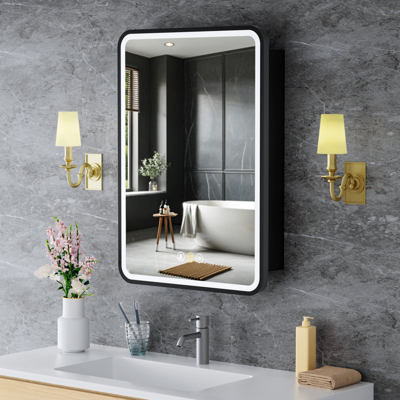 16" W x 24" H Fruzsina Modern Iron Framed Surface/Recessed Mount Medicine Cabinet with Mirror, Adjustable Glass Shelves, Dimmable Lighting, Anti-Fog and Memory Function for Makeup, Shaving or Bathroom Vanity Storage