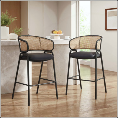 Set of 2 Industrial Bar Stools with Rattan Back and Faux Leather Seat