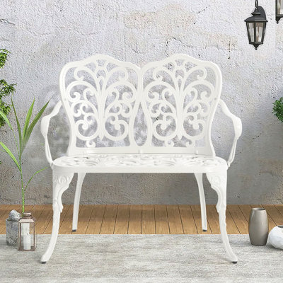 Patio Garden Bench Metal Park Bench Cast Aluminum Outdoor Furniture With Floral Rose For Patio,Park,Lawn,Yard White