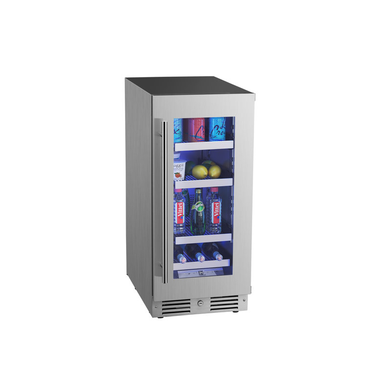 15 Inch Wide 63 Can Capacity Beverage Cooler with alternating (Blue, White, Amber) LED lighting, Door Alarm, Touch Control Panel and Lockable Right Hinged Door