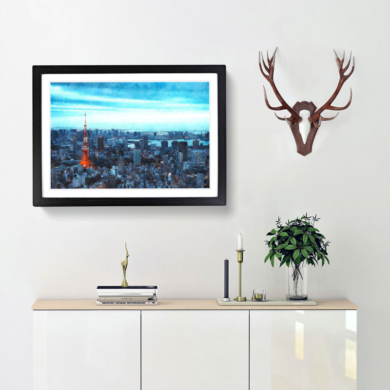 Tokyo Tower & Japan Skyline - Picture Frame Painting Print, Black Framed, 33cm H x 45cm W x 2cm D