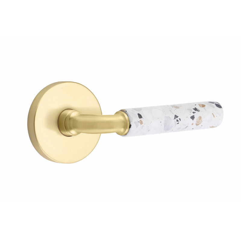 Select Round Privacy (Bed & Bath) Door Lever with Round Rosette, Universal/Reversible, Satin Brass/Light Terrazzo