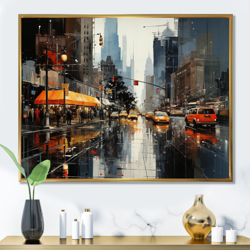 Cityscape Collage II sur toile, Cadre flottant doré, H 12 po x l 20 po x P 1 po