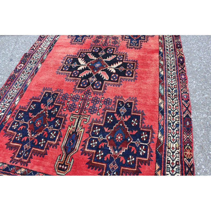 Tapis décoratif en laine de conception unique rouge noué à la main des années 1990 de 3 pi 4 po x 5 pi 1 po Brixley