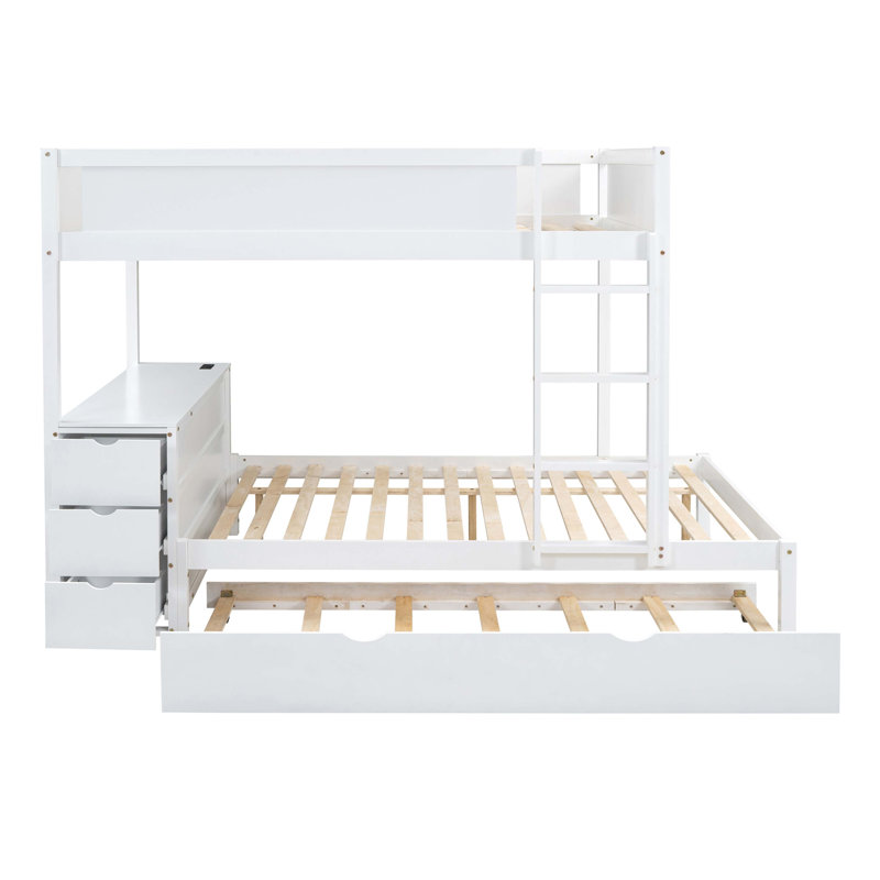 Lit superposé double avec lit gigogne simple, rangement et bureau, Blanc