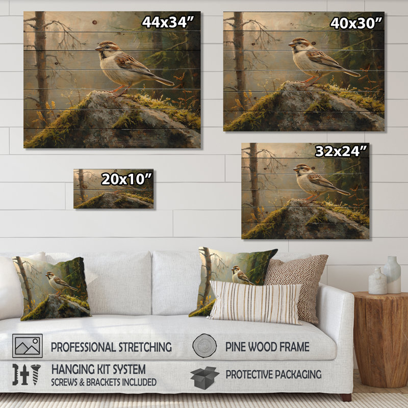 Oiseau moineau sur un rocher de forêt II - Art mural en bois oiseau - sur bois de pin naturel, H 10 po x l 20 po x P 0,78 po