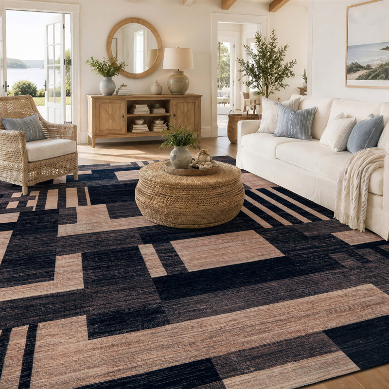 Tapis noir antidérapant à motif de blocs de couleur lavable à la machine, 6 pi 6 po x 9 pi