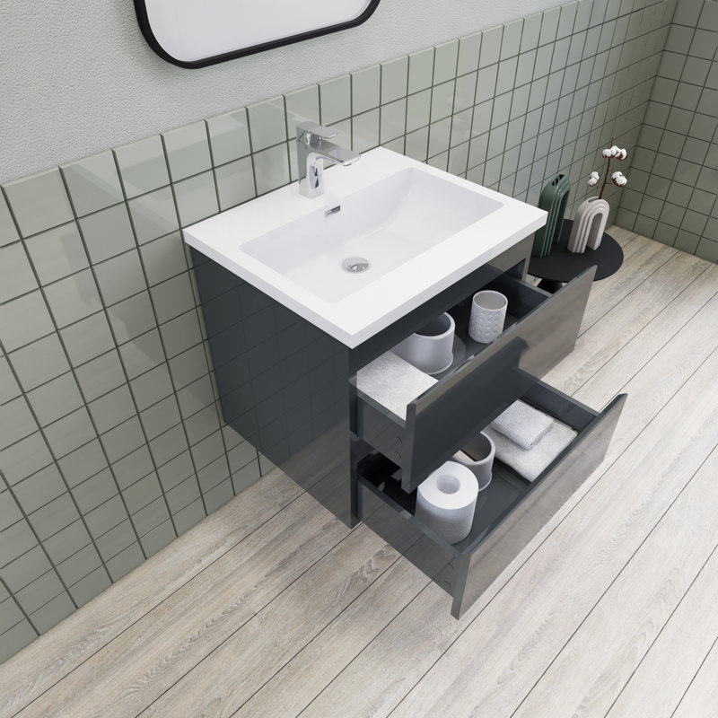 Meuble-lavabo flottant moderne simple Alcester Ivy Bronx, Gris brillant