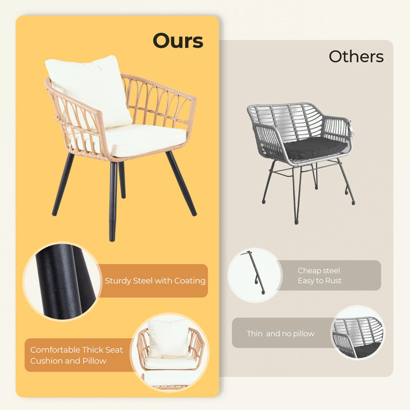 5-Piece Wicker Patio Set with two ottomans and coffee table, Beige Cushion/Natural Frame