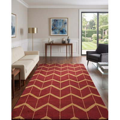 Red | Gold 100% Wool Handmade Geometric Indoor Area Rug Hand Knotted Rectangle