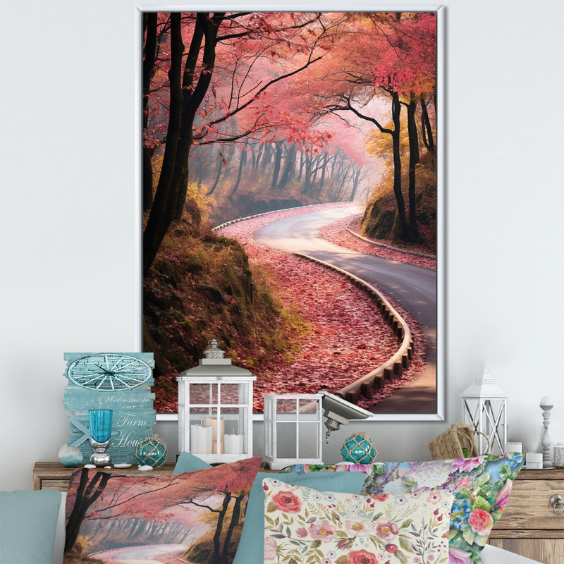 Route rose en fleurs dans la forêt IV, Cadre flottant blanc, 44" H x 34" W