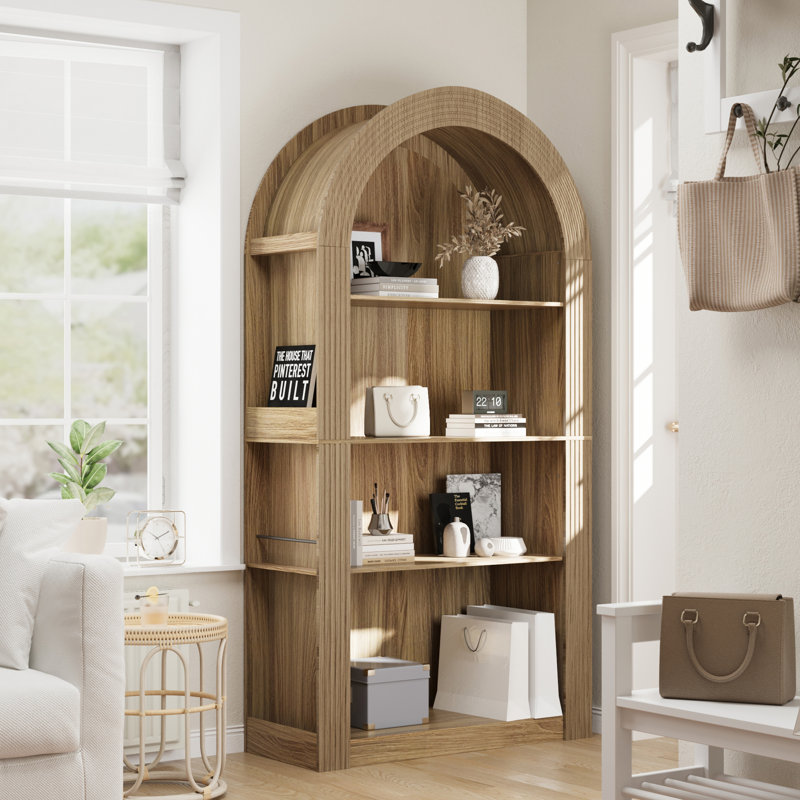 78.74" Tall 4-Tier Arched Bookcase with Open Display Storage Shelf, Natural