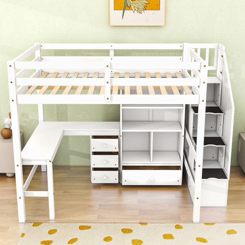 Lit mezzanine double avec bureau, tiroirs et cabine, Blanc