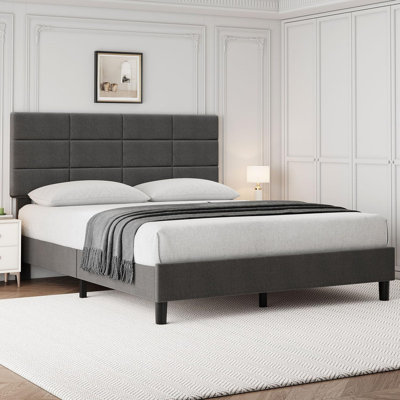 Nassau Platform Bed Frame with Fabric Upholstered Headboard and Wooden Slats Support, Fully Upholstered Mattress Foundation/No Box Spring Needed/Easy Assembly