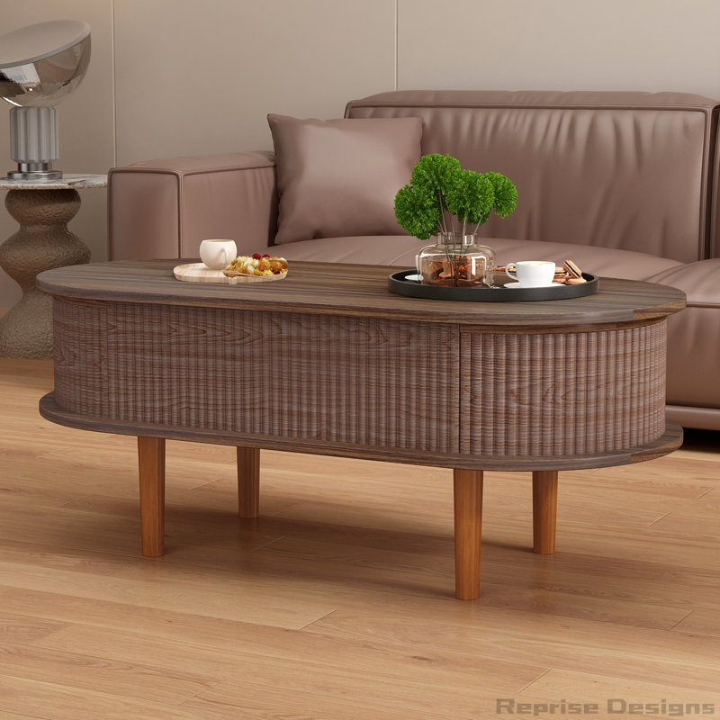 Table basse cannelée à plateau relevable avec compartiment caché, table centrale en bois pour la maison et le bureau modernes