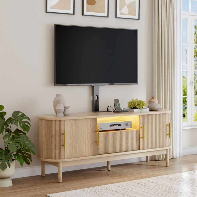  Modern LED Fluted TV Stand With Mount & Charging Hub, Oak Wood, 55" H x 60" W x 15.4" D