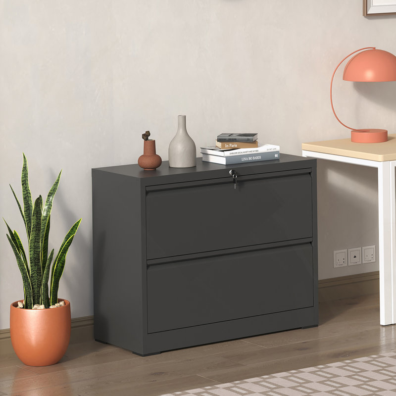 Lateral File Cabinet 2 Drawer, Black Filing Cabinet With Lock, Lockable File Cabinet For Home Office