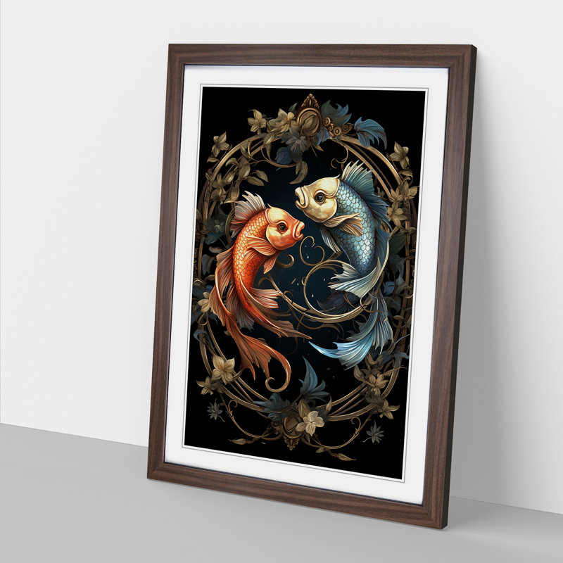 Pisces Fish Zodiac Classicism - Single Picture Frame Print on Wood, 64cm H x 46cm W x 2cm D, Walnut Framed