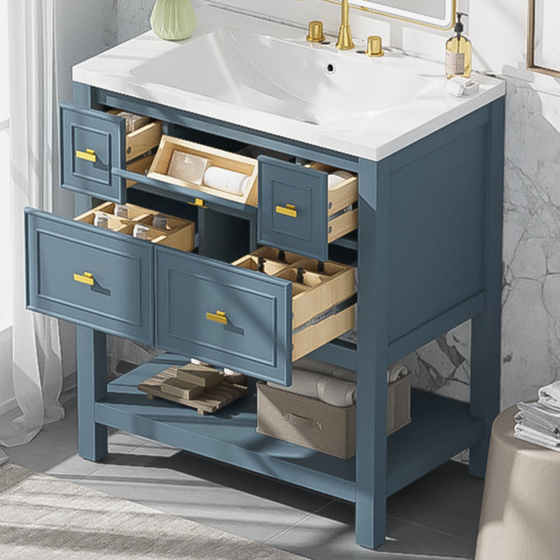 Ensemble de meuble-lavabo simple avec 5 tiroirs, Bleu