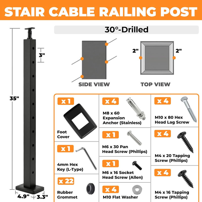 36In Cable Railing Stair Post 30°, Angled Cable Railing Post For Stair Cable Railing System, Matte Black Finish