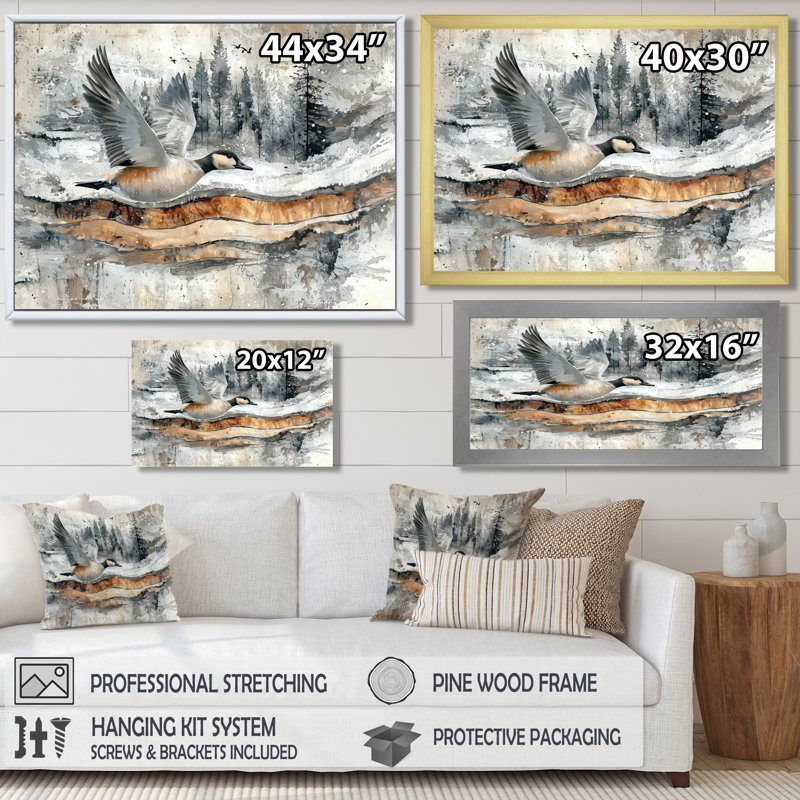 «Goose Animals Into A Winter Horizon II» - art mural oie, Cadre simple, Noir, H 12 po x l 20 po