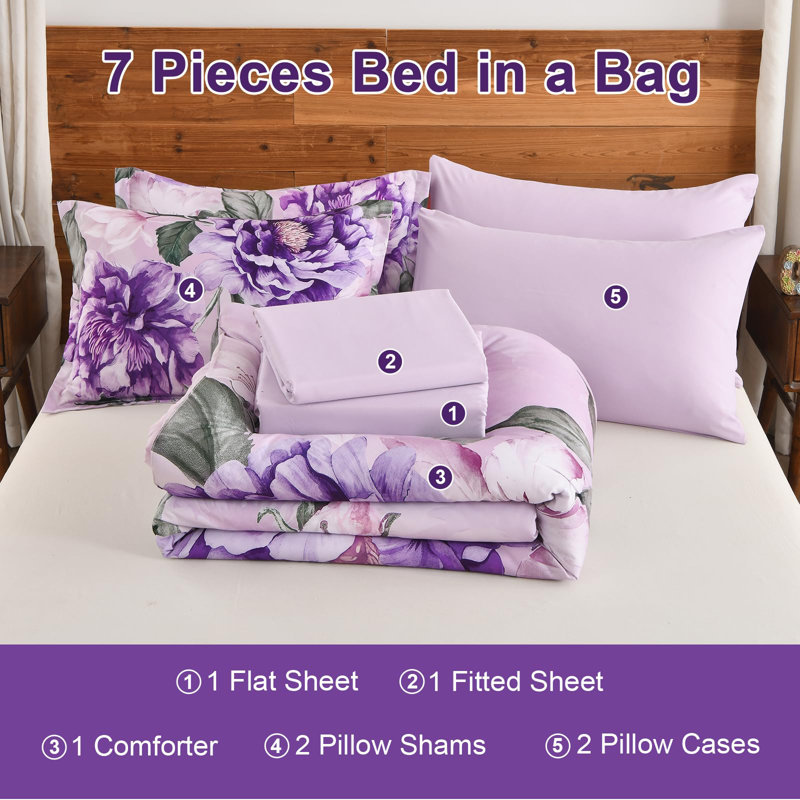 7-Piece Floral Comforter Set, Soft Lightweight Bed in a Bag with Sheet Set, Purple Floral
