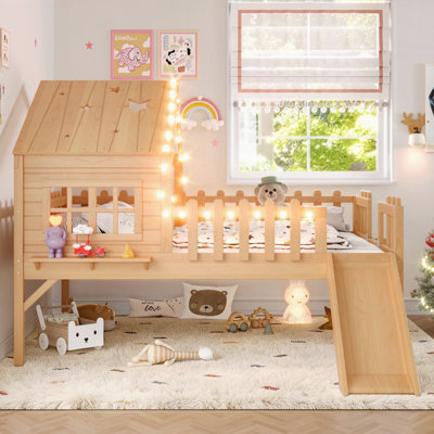 House Loft Bed With Slide,Playhouse Bed With Star Moon-Shaped Designs And Window,No Box Spring Needed