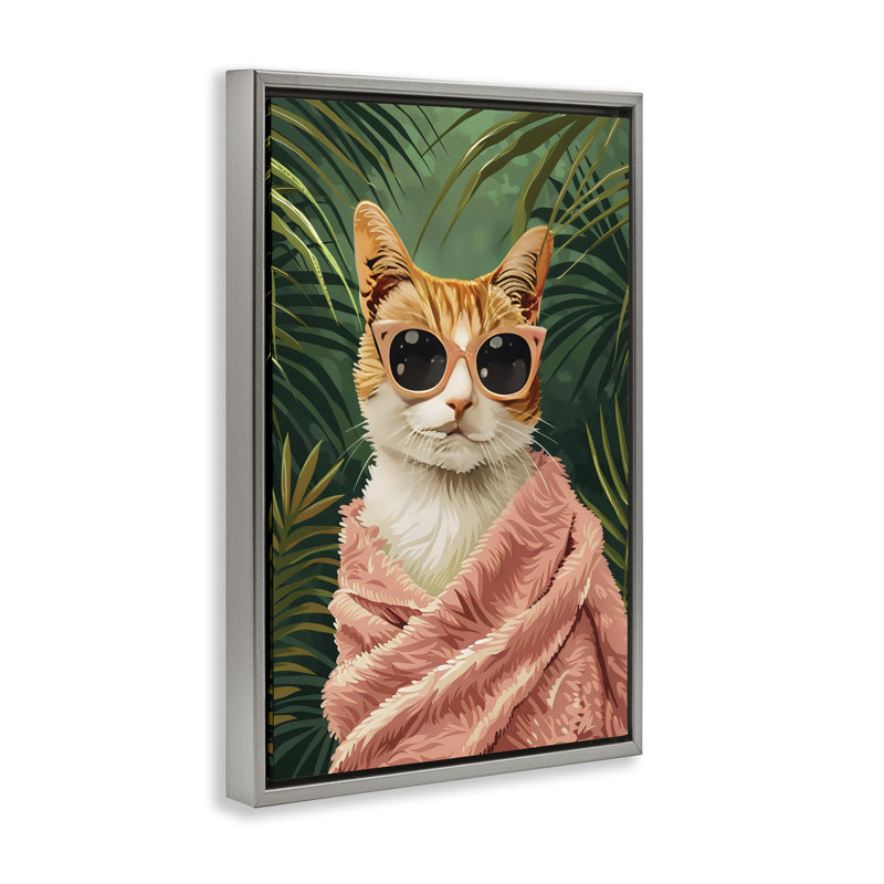 Cadre flottant Cozy Cat and Tropical Plants, design par LSR Design Studio, Cadre flottant gris lustré, H 25 po x l 17 po