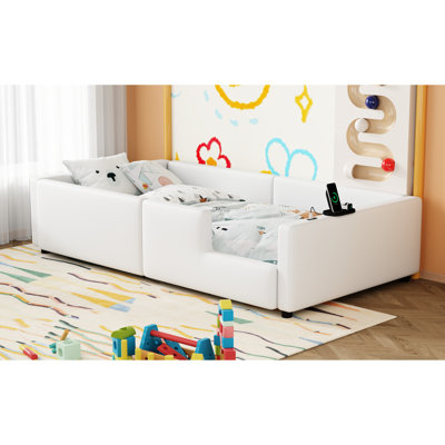 Lit plateforme simple tapissier avec garde-corps et station de charge, blanc