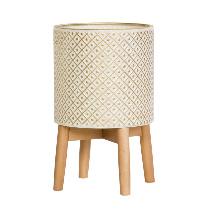 Enajah Mid Century Modern Indoor Metal Pot Planter 4-Leg Wood Base, 17" H x 10" W x 10" D