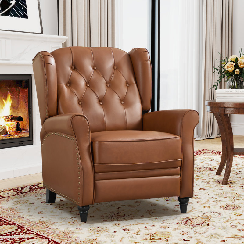31.1" Wide Classic Top Grain Leather Push Back Recliner With Wingback Design, Vintage Cognac