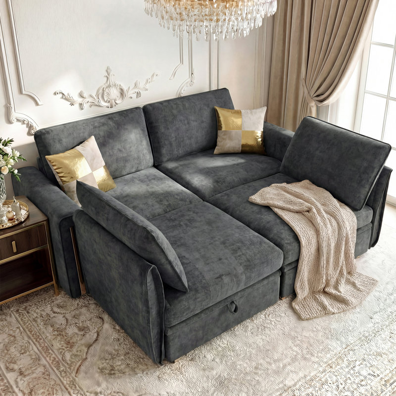 Canapé-lit modulaire 4 pièces avec siège de rangement, canapé modulaire en chenille de luxe avec pieds dorés et détails 4 pièces