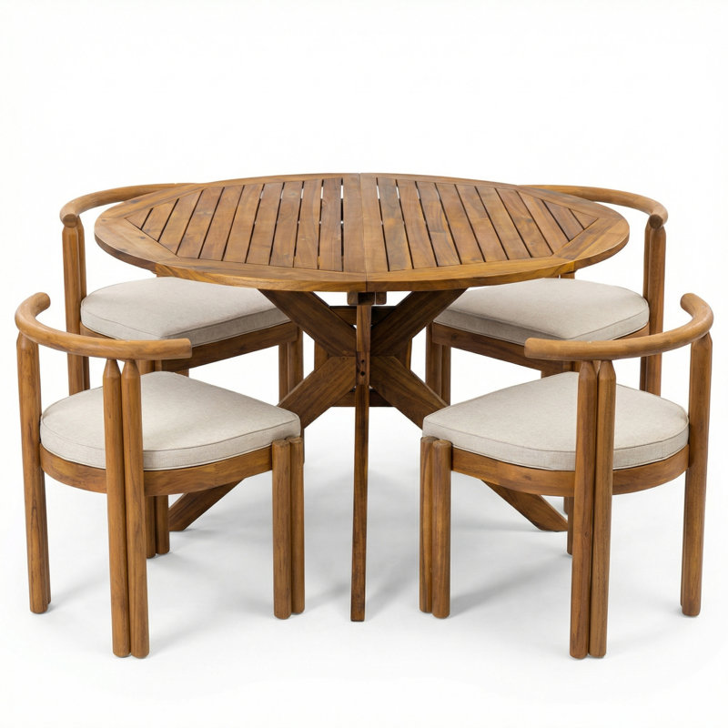 Cagnie Scandinavian Minimalist Acacia Wood Outdoor Dining Set With Armless Cushioned Chairs And Round Slat Table