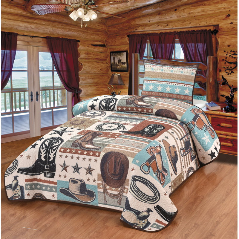 Western Charm Twin Quilt Set Cowboy Boot and Star Design with Sham