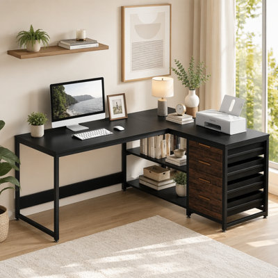 59" L-Shaped Desk, Reversible Corner Desk with Drawers & Shelves