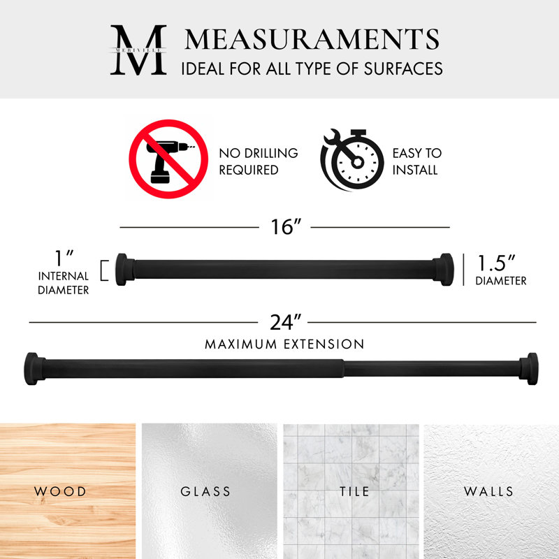 MERIVILLE 1-inch Diameter Metal Spring Tension Rod, Closet Rod, Tension Curtain Rod, Shower Curtain Rod, Adjustable, Black